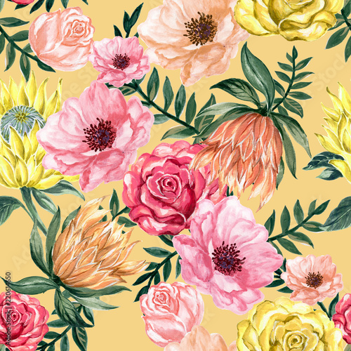 Seamless pattern elegant floral bouquet background with Colorful rose anemone protea Flower © HoyaBouquet