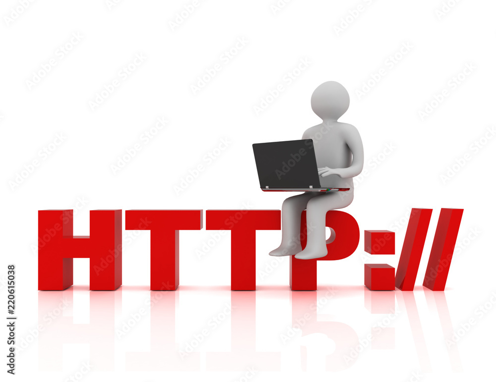 3d people - man, person sitting on HTTP sign with a laptop. Concept of communicationю. rendered illustration 3d people - man, person sitting on HTTP sign with a laptop. Concept of communicationю. rendered illustration