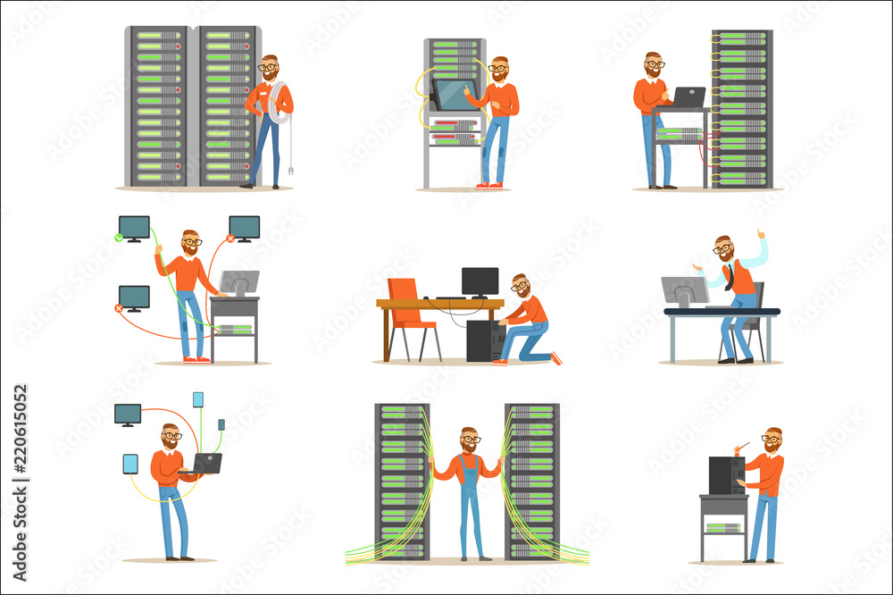 Young man working in network server room. Technician at the data center set of colorful Illustrations Young man working in network server room. Technician at the data center set of colorful Illustrations