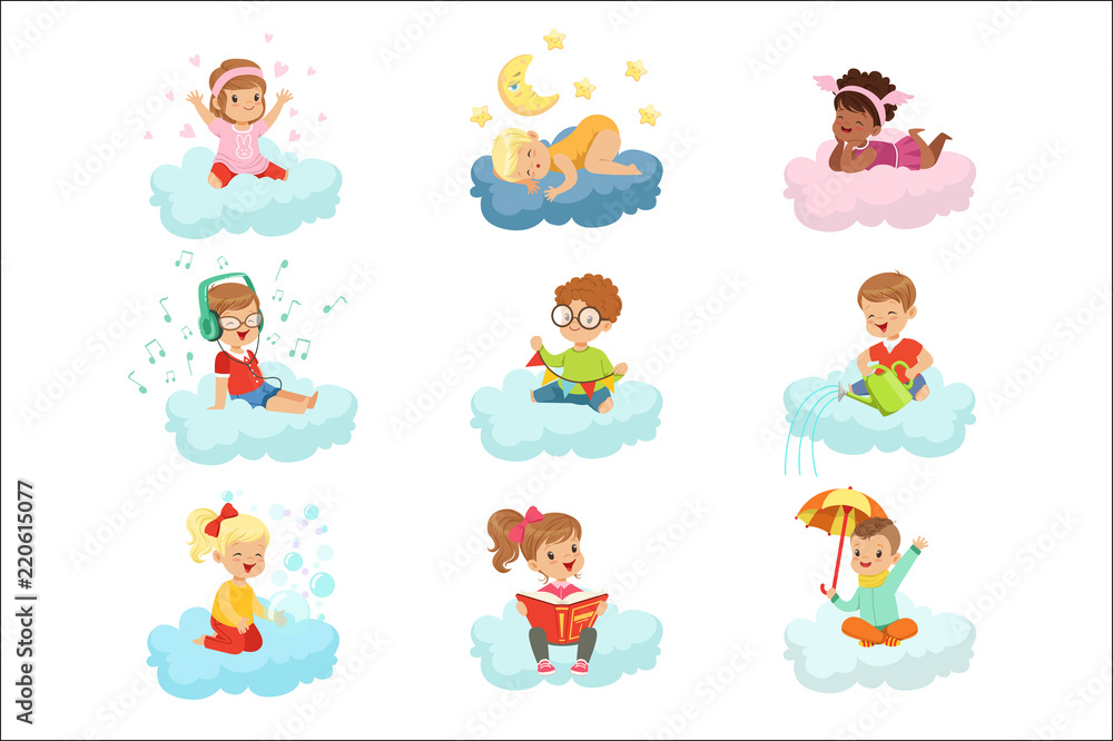 Lovely little boys and girls sitting on a clouds playing toys, listening music, reading book, sleeping, dreaming colorful characters vector Illustrations Lovely little boys and girls sitting on a clouds playing toys, listening music, reading book, sleeping, dreaming colorful characters vector Illustrations