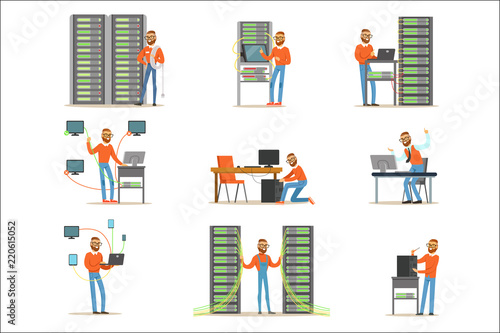 фотографія Young man working in network server room