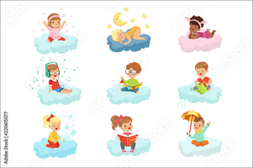 Wallpaper Mural Lovely little boys and girls sitting on a clouds playing toys, listening music, reading book, sleeping, dreaming colorful characters vector Illustrations Torontodigital.ca