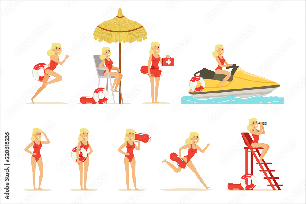 Fototapeta premium Lifeguard woman character doing his job. Water rescue vector Illustrations