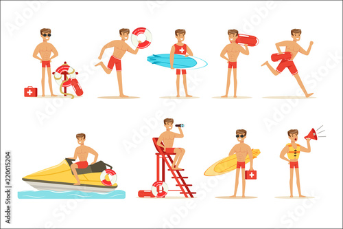 Lifeguard man character doing his job. Water rescue vector Illustrations