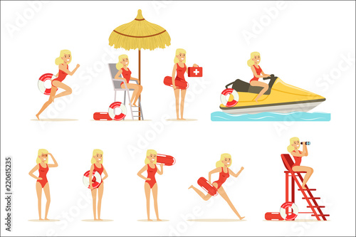 Lifeguard woman character doing his job. Water rescue vector Illustrations