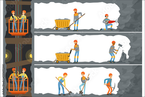 Coal industry, mine with many levels, workers, lift and appliances. Miners working in a mine