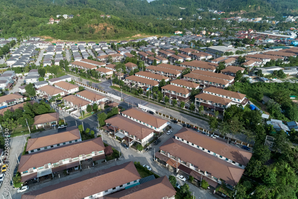 Aerial view drone shot of modern houses village in thailand