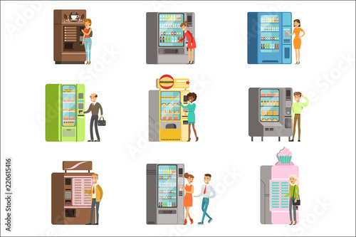 Consumers standing near vending machine and going to buy a drinks and food. Set of colorful cartoon detailed vector Illustrations
