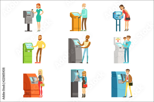 People using electronic self service terminals. Payments and receive money. ATM machine money deposit and withdrawal. Set of colorful cartoon detailed vector Illustrations