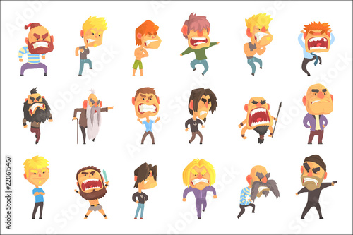 Angry and exasperated men set for label design. Colorful cartoon detailed vector Illustrations