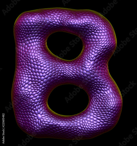 Letter B made of natural purple snake skin texture isolated on black. photo