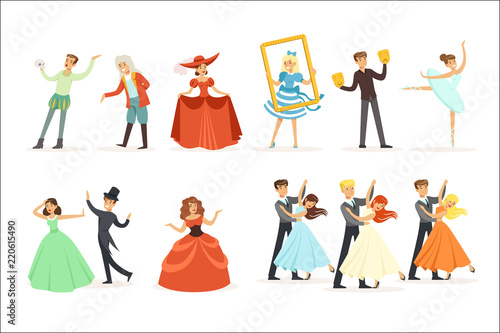 Classic Theater And Artistic Theatrical Performances Series Of Illustrations With Opera, Ballet And Drama Performers On Stage