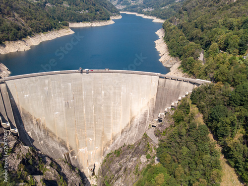 The Contra Dam is a slender arch dam in Swiss Alps. It supports a 105 MW power station. It creates a water reservoir Lago di Vogorno. It became a popular bungee jumping venue. Aerial view, august 2018