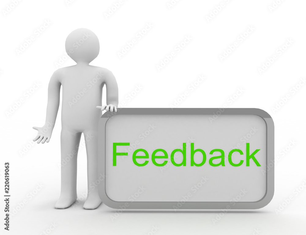 3d people - man, person with advertising billboard and word feedback 3d people - man, person with advertising billboard and word feedback