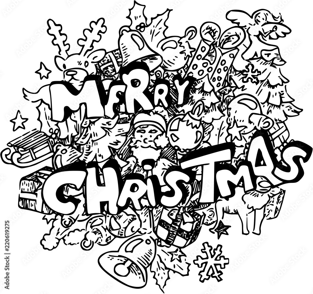 Kerstgroet met kerstkaart met verschillende kerst symbolen Stock