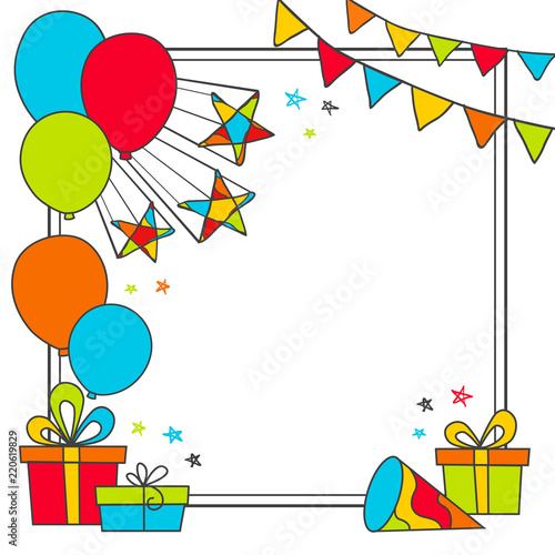 Happy Birthday greeting card with flags, stars, gifts and balloons.  Place for text. Vector hand drawn illustration