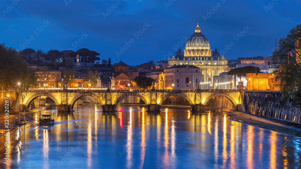 Rome at night. St. Peter's cathedral with bridge in Vatican, Rome, Italy.