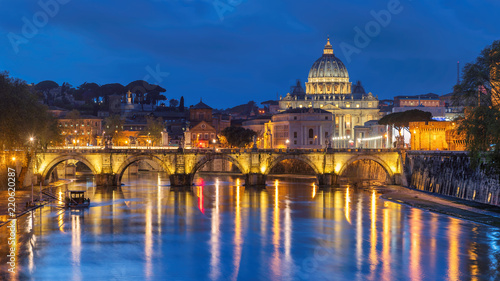 Rome at night. St. Peter's cathedral with bridge in Vatican, Rome, Italy.