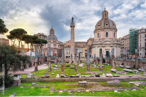 Sunset view of Rome, Italy. The Trajan's Forum and Basilica Ulpia, in Rome, Italy.