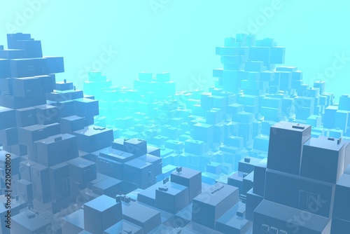 Wealth rich concept idea of blue city at sunset rays Abstract space background.3D illustration rendering