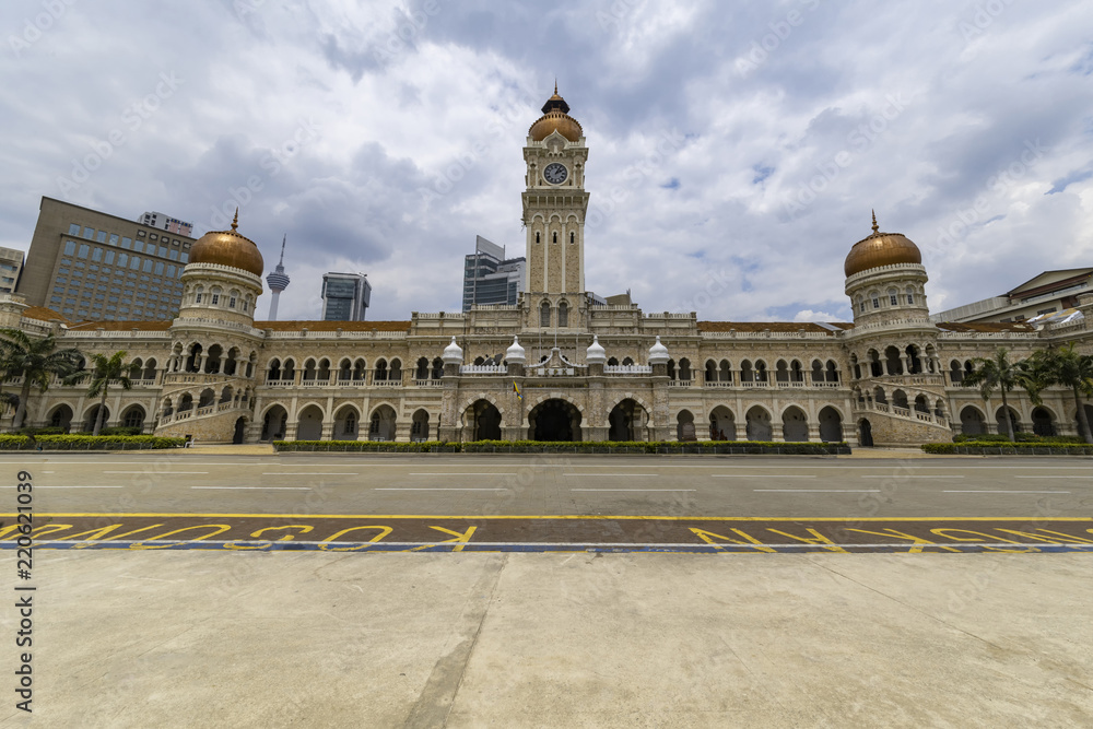 View of the empty Bangunan Sultan Abdul Samad building from the Merdeka square, independence place, in Kuala Lumpur, Malaysia