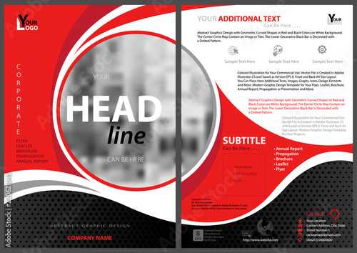 Abstract Modern Flyer Template with Circle Frame with Blurred Image and Decorative Curved Shapes with Red and Black Colors - Vector Illustration