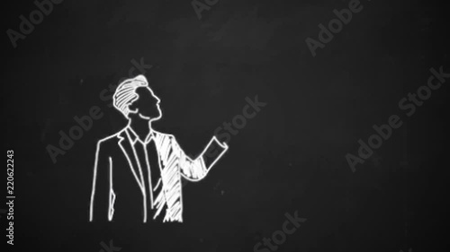 hand drawing line art showingcamera symbol with white chalk on blackboard photo