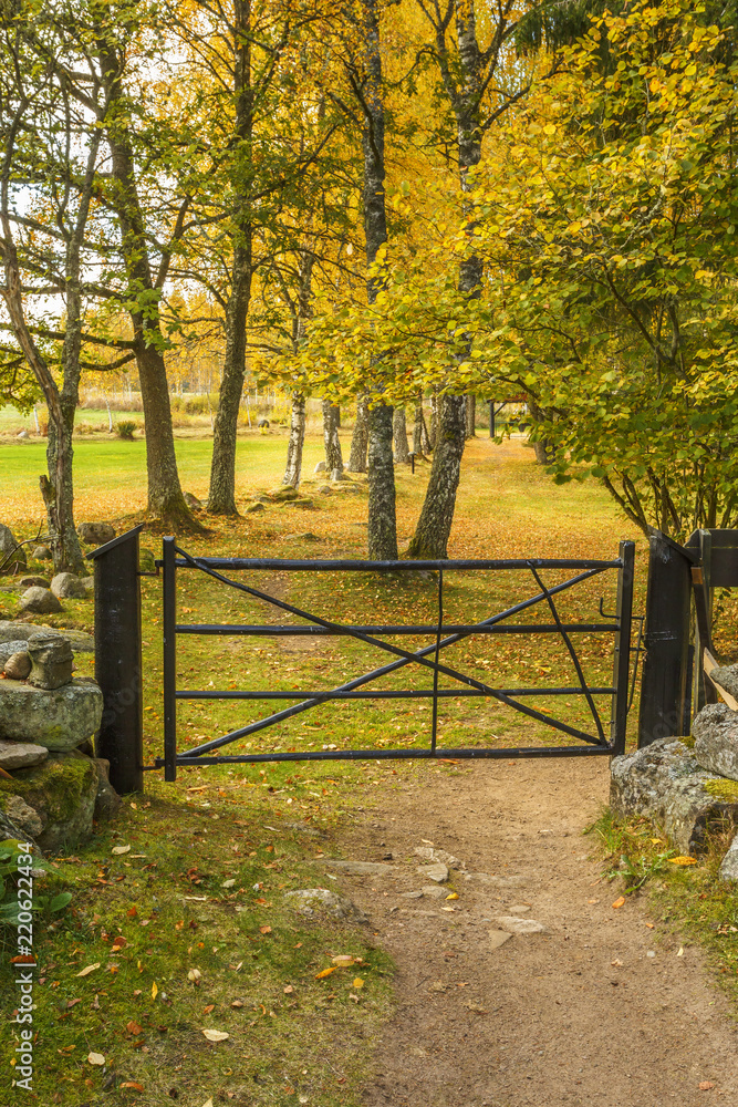 Closed gate in a garden in the fall