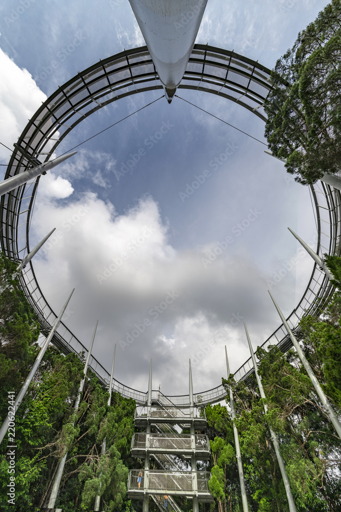 PENANG, 9 august 2018 - Up view of the Penang hill canopy walk structure at the top of Penang hill mountain, The Habitat  Malaysia