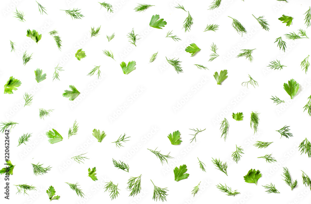 Pattern on a white background with dill, parsley. Space for text. Top view Pattern on a white background with dill, parsley. Space for text. Top view