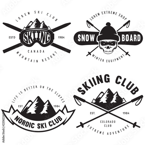 Set of vintage snowboarding, ski or winter sports logos, badges, emblems and design elements. Vector illustration. Monochrome Graphic Art.