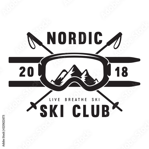 Vintage ski or winter sports logo, badge, emblem, design element. Vector illustration. Monochrome Graphic Art.