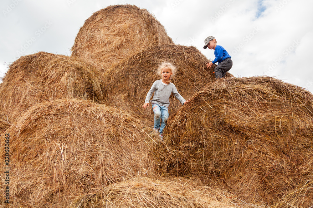 Little boy and girl on haystacks d in the sunlight running, playing enjoying nature. Kid Raising over field and sunset sky background. Children environment concept Little boy and girl on haystacks d in the sunlight running, playing enjoying nature. Kid Raising over field and sunset sky background. Children environment concept