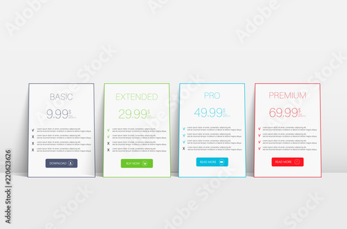 Flat tariffs hosting for web ribbon design. Vector pricing table template. Pricing table ui design. Price table template. Price list. Business tariff banner plan template.