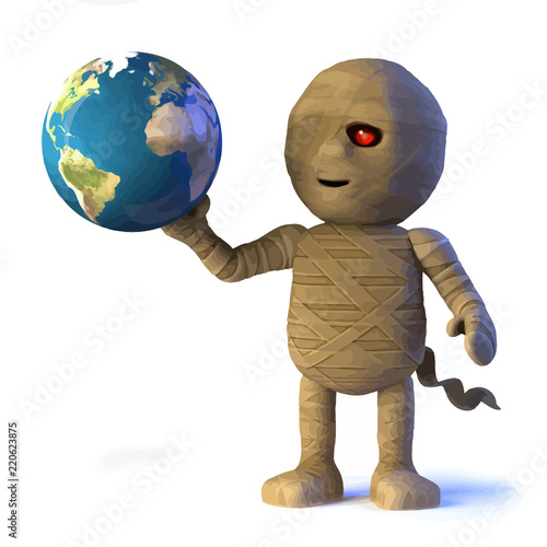 Vector 3d Egyptian mummy monster has globe of the Earth