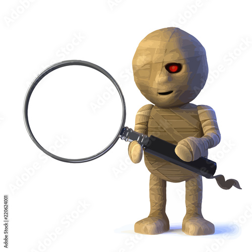 Vector 3d Funny Halloween Egyptian mummy monster has a magnifying glass