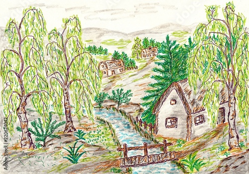 Hand drawn multicolor illustration with nature theme (cottages in nature) - scan