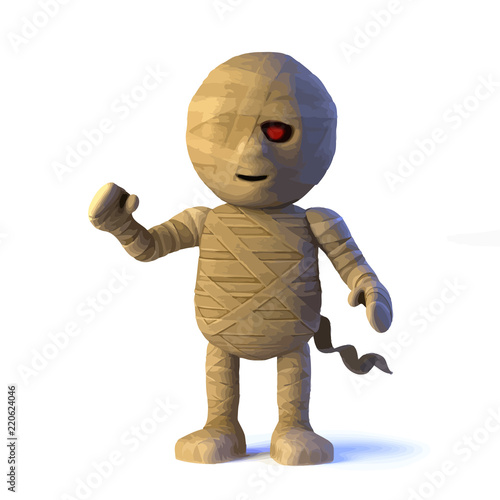 Vector 3d Funny Halloween Egyptian mummy monster waves a happy hello