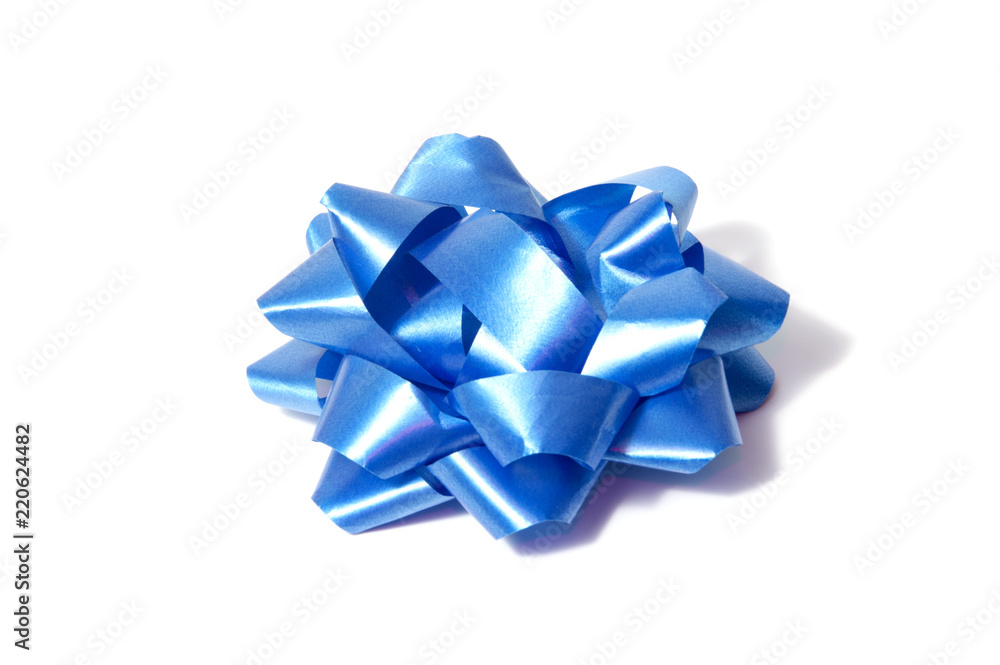 Blue satin ribbon tied in a bow isolated on white background. Packaging and decoration for holiday gift or present concept. Blue satin ribbon tied in a bow isolated on white background. Packaging and decoration for holiday gift or present concept.