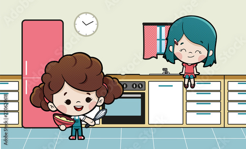 Niños cocinando en la cocina haciendo una tarta