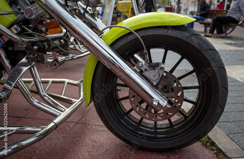 Close up front wheel of motorbike