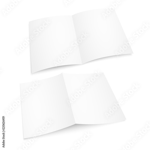 Blank white opened magazine. Paper album or book mockup on white background. Vector mockup. Brochure or booklet template opened.