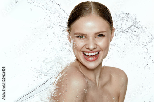 Beauty. Woman With Water On Face And Body. Spa Skin Care