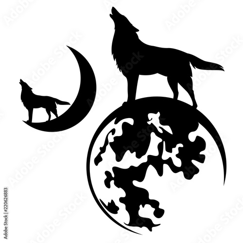 howling wolf standing on full and crescent moon - black vector silhouette design set