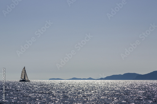 Sailing boat cruising in tranquil sea, sun is shining on water