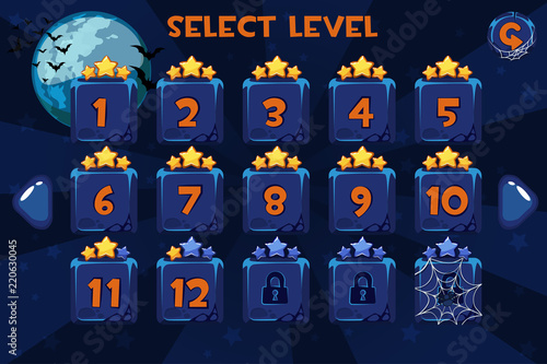 Level selection screen. Game ui set on the Halloween background.