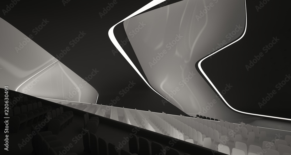 Obraz premium Conceptual abstract design of the interior of the concert hall and grand piano in a modern style. 3D illustration and rendering.