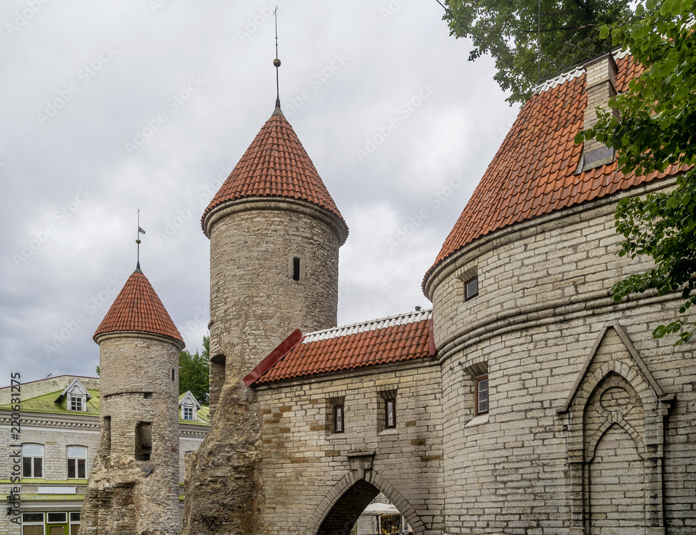 Detail of the Viru Gate and the medieval towers of the Old Town of Tallinn, Estonia