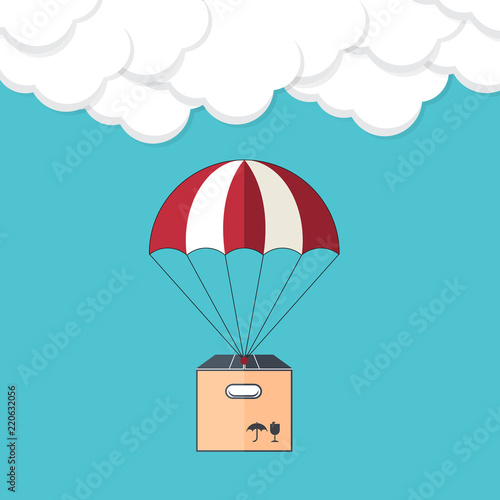 Dropshipping. Package flying on parachute, delivery service concept. Flat design