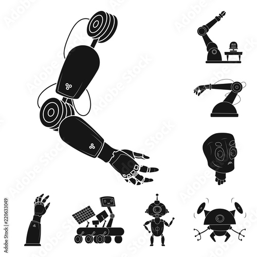 Vector design of robot and factory sign. Collection of robot and space stock symbol for web.